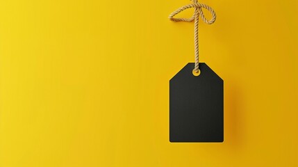 Minimalist composition featuring a black price tag suspended by twine against a vibrant yellow background, symbolizing retail, sales, or pricing concepts.