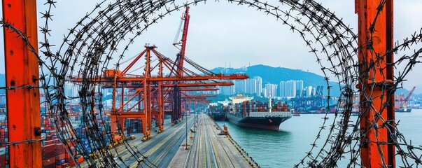 Poster - A captivating view of a port framed by barbed wire, featuring cranes, cargo ships, and a modern skyline in the background.