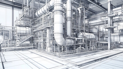 Sketch of industrial equipment. Wire-frame style. 3d illustration