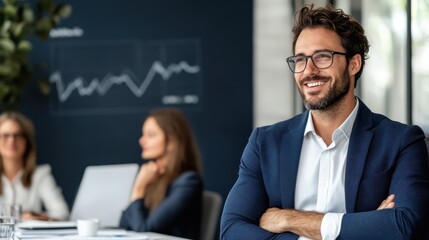 a confident businessman in a suit, smiling and sitting in an office with a chart on the wall, while 