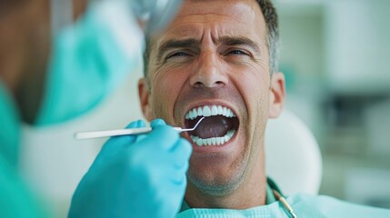Wall Mural - a dental exam scene focusing on the patient's facial expression amidst professional examination by a