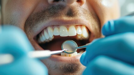 Wall Mural - a close-up view of a dentist's examination with dental tools, showcasing meticulous attention to ora