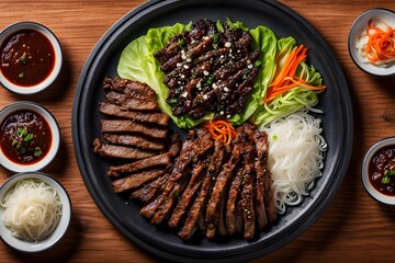 A sizzling plate of Korean bbq featuring juicy slices of marinated bulgogi beef charred to perfection, Ai Generated