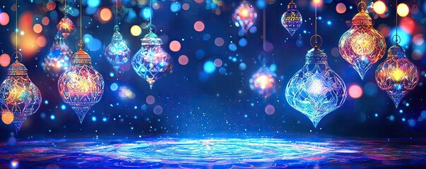 Poster - Vibrant hanging lanterns illuminated by colorful lights create a mystical atmosphere perfect for festive occasions.
