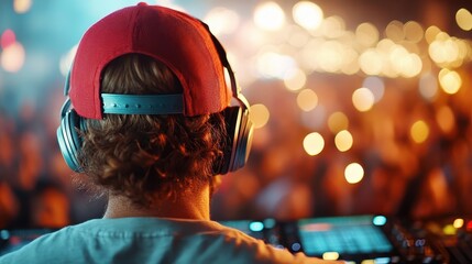 A DJ wearing a red hat and headphones is captured mixing music at a lively party with a colorful bokeh background of lights and a cheering crowd.