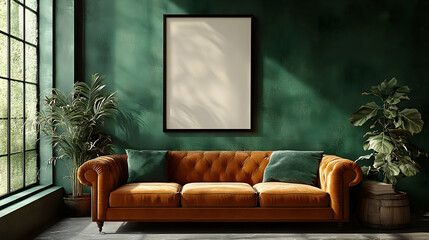 Poster - Cozy interior featuring an orange couch and green walls.