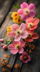 Wall Mural - Vibrant pink and orange wildflowers bloom in delicate clusters, their petals unfurling against weathered wood, creating a rustic yet enchanting natural still life.