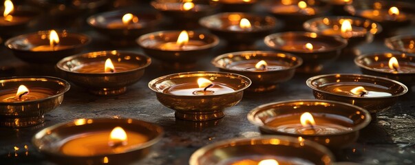 Poster - A serene display of glowing candles in decorative holders, creating a warm and calming ambiance for meditation or celebration.