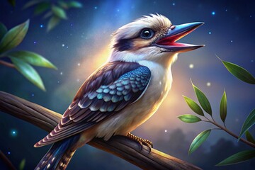 Photograph a kookaburra perched on a branch, its beak wide open in a joyful call against a clear blue sky.
