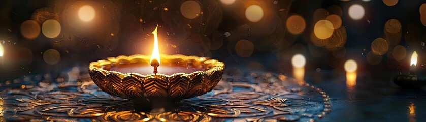 Poster - A beautifully lit oil lamp surrounded by warm bokeh lights, creating a serene and festive atmosphere.
