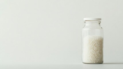 Close-up of uncooked white rice inside a transparent glass bottle, placed on a white background. Minimalistic and clean composition. No people.