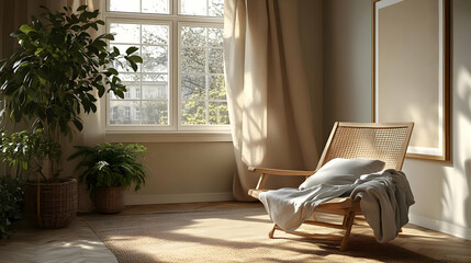 Sticker - Cozy interior with natural light, plants, and a relaxing chair.