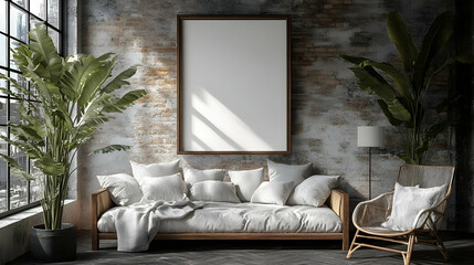 Wall Mural - Cozy living room with plants, a sofa, and a blank wall for art.