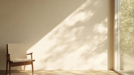 Sticker - A minimalist interior featuring wooden chair beside large window, allowing natural light to create soft shadows on wall. serene atmosphere invites relaxation and contemplation