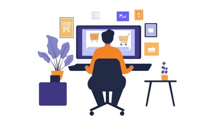 Man shopping online using desktop computer at home office desk