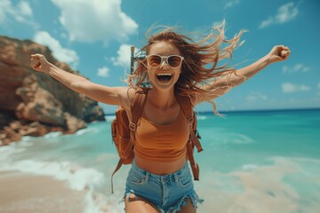 Happy traveler jumping at the beach - Man enjoying freedom and fun outdoors - Travel, adventure, summer vacation, and wellbeing concept