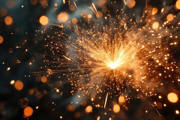 Poster - Bright orange sparks flying from a central point on black background