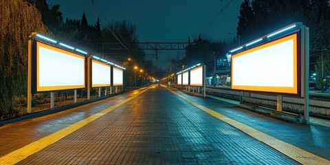 Poster - Empty billboards lighting up empty train station at night