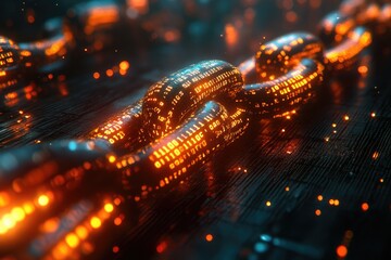 Fototapete - Blockchain technology: glowing chain with binary code on circuit board