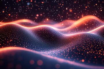 Fototapete - Abstract red particles wave forming cyber technology background