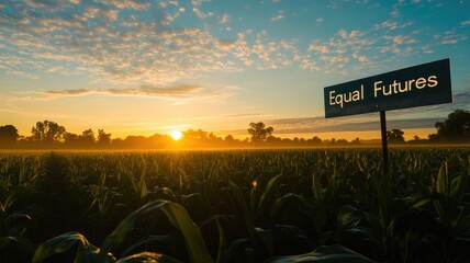 Wall Mural - Sunrise over vast cornfield with sign stating 