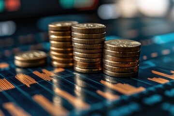 Stacks of coins sitting on a graph displaying market data