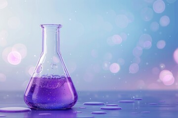 purple glass flask in blue research chemistry science banner laboratory background