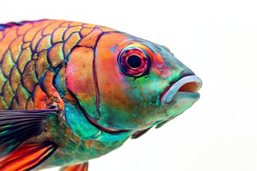 Mystic portrait of Palenose Parrotfish in studio, copy space on right side, Close-up View, isolated on white background