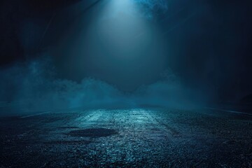 Wall Mural - Rays  spotlights light. Empty dark scene with blue light. Asphalt blue dark street with smoke.