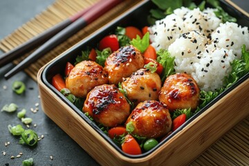 Wall Mural - Traditional japanese food chicken teriyaki meatballs bento box being served