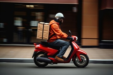 Poster - African American delivery man scooter helmet motorcycle.