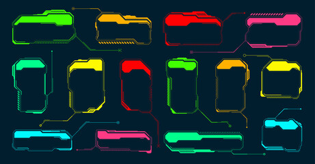 Poster - Futuristic HUD or UI elements. Sci-fi user interface text boxes, callouts. Colorful warning message frame, information boxes template. Modern game interface layout, digital style. Vector illustration