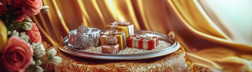 Poster - An elegant display of beautifully wrapped gifts on a tray, surrounded by luxurious fabric and flowers, perfect for celebrations.
