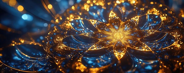 Poster - A mesmerizing abstract pattern featuring intricate floral shapes with glowing elements in blue and gold tones.