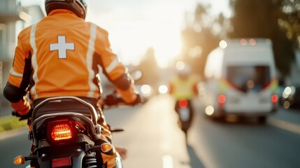 An emergency responder riding a motorcycle, wearing an orange suit with a cross symbol, navigating through city traffic to respond to a critical situation quickly.