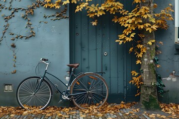 Wall Mural - Charming Autumn Scene with a Bicycle Against a Colorful Wall and Door