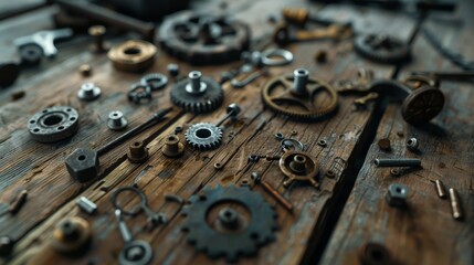 Wall Mural - A rustic workbench is strewn with a variety of metal gears and hardware, reflecting a history of mechanical creativity and craftsmanship.