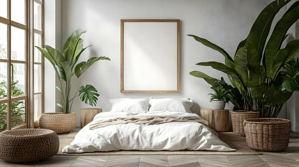 Sticker - Cozy bedroom with plants and natural decor.