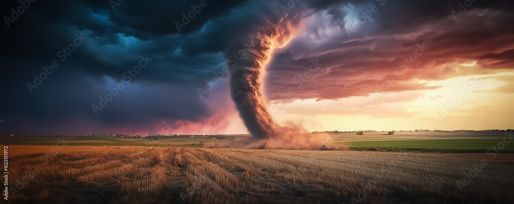 Huge tornado creating a path of destruction across a flat landscape ...