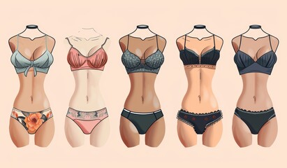 Hand Drawn Women's Lingerie and Brassiere Set on Pastel Background - Luxury Minimalist Fashion Illustrations