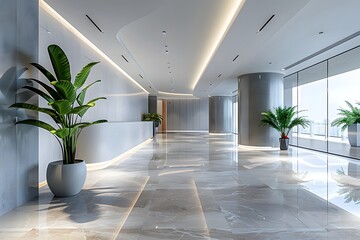 Wall Mural - Modern Office Lobby with Elegant Design and Lush Greenery