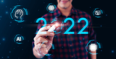 Leinwandbilder - 2022 new year technology tech business company  innovation, artificial intelligence digital technology machine, futuristic development data online security, graphic icon illustration blue background