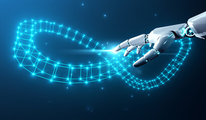 Leinwandbilder - future ai artificial intelligence pointing at infinity symbol connection unlimited internet data usage and speed, infinite data user storage cloud computing storage cyberspace network, blue background