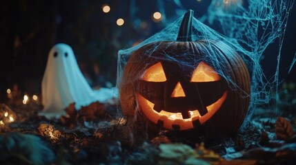 Wall Mural - halloween decorations with carved pumpkin spiderweb ghost bats and glowing lights in dark perfect fo