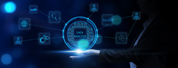 Leinwandbilder - Businesswoman analyzing data information growth increasing sales, marketing, development, management, ideas innovation planning strategy, futuristic icon hologram blue background