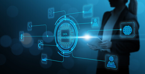 Leinwandbilder - Businesswoman using tablet analyzing data growth increasing sales, marketing, development, management, ideas innovation planning strategy, futuristic icon hologram blue background