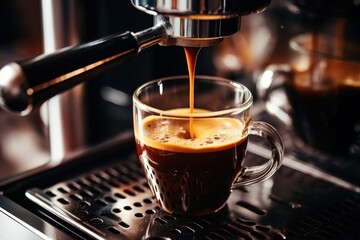 Canvas Print - Coffee being brew from coffee machine to cup drink cafe mug.