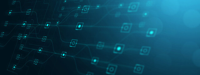 Leinwandbilder - Business technology Digital cyberspace concept, innovation thinking brainstorming idea, flow chart line art abstract illustration blue banner background.