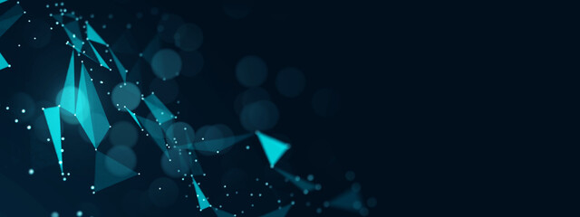 Fototapete - Digital abstract plexus technology blue background banner copyspace, graphics vector polygon line networks and dots shape connecting link structure, futuristic tech data computer concept.