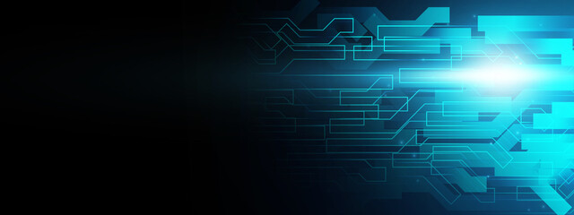 Fototapete - Futuristic business data technology modern blue background banner concept, circuit shape lines connecting link structure dark blue contrast copyspace.